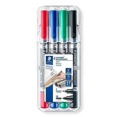 Staedtler Lumocolor duo 348 WP4 permanent marker, 4 Stück in aufstellbarer Staedtler-Box , Schwarz, Blau, Grün, Rot, 1 Packung im Sale